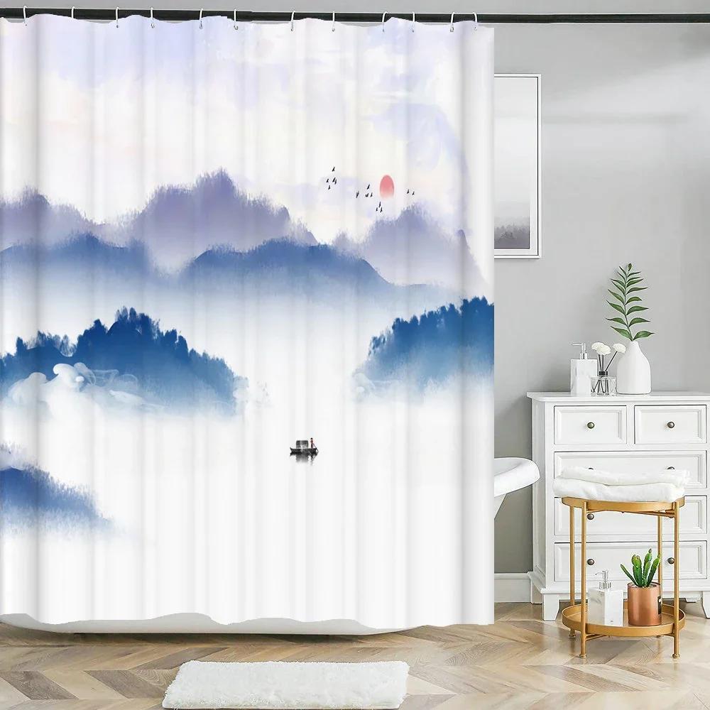 Elegant Chinese Landscape Print Waterproof Shower Curtain - Stylish,Durable &Easy-Care Choice for Multiple Bathroom Décor Themes