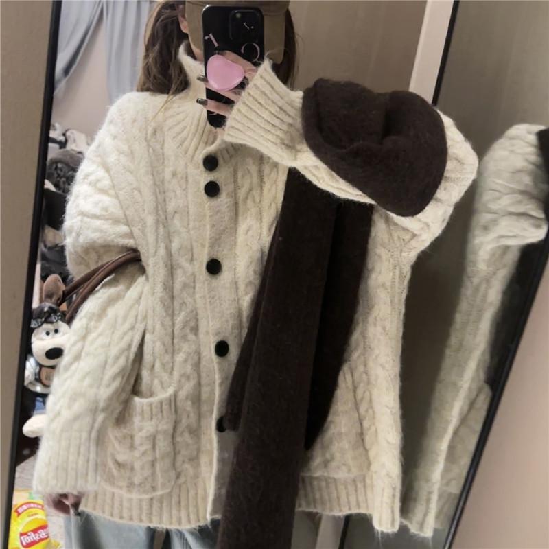 Korean wear lazy stand-up neck sweater jacket women's autumn and winter new high-end loose soft waxy knitted open top