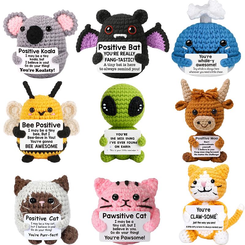 Creative Funny Handmade Crochet Emotional Support Dolls with Positive Energy Card Desktop Ornament Home Decor for Friend Gifts
