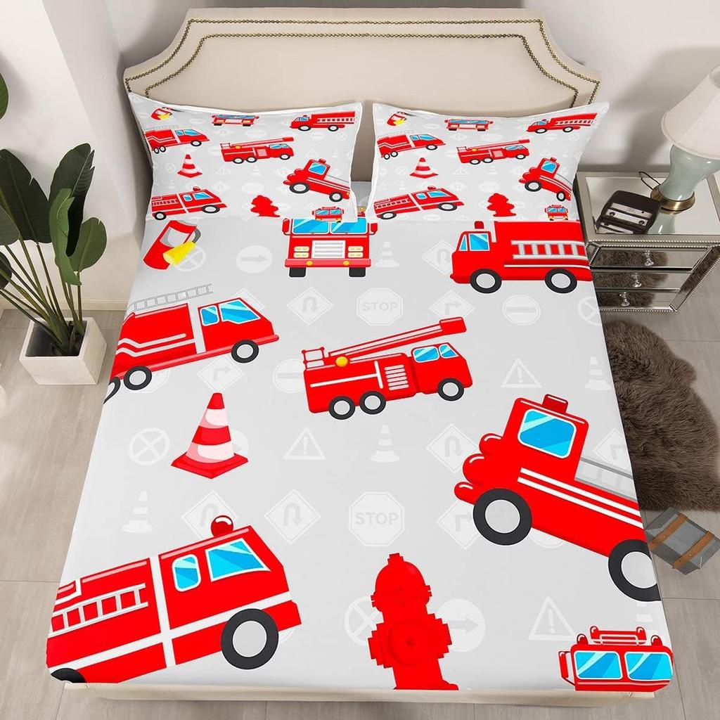 Feuerwehrauto Spannbettlaken Cartoon Auto Bettwäscheset für Jungen, Feuerwehrmann Bettlaken Set Feuerwehrmann Auto Fahrzeug Feuerwehrwagen Bettdecke