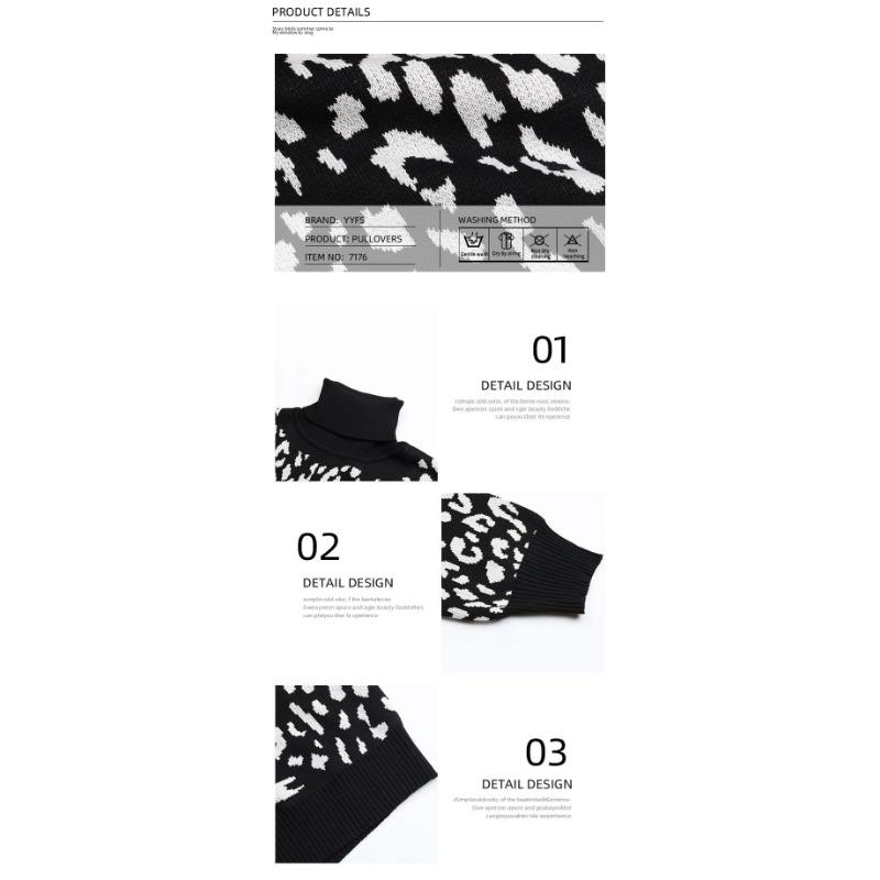 Women's Turtleneck Leopard Print Knit Sweater Long Sleeve Slim-Fit Casual Black&White Pullover