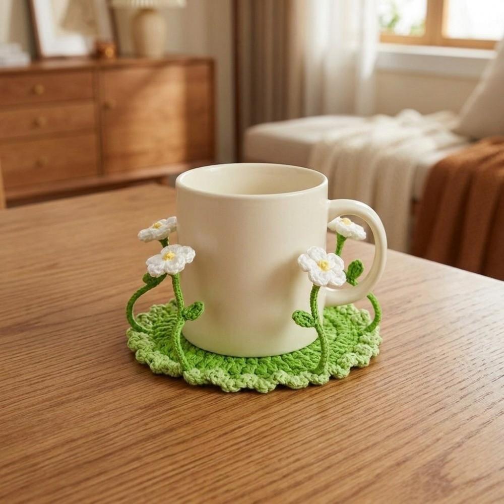 Round Flower Coaster Cotton Yarn Knitted Floral Mat Practical 3D Floral Cup Mat  Coffee Table Decor