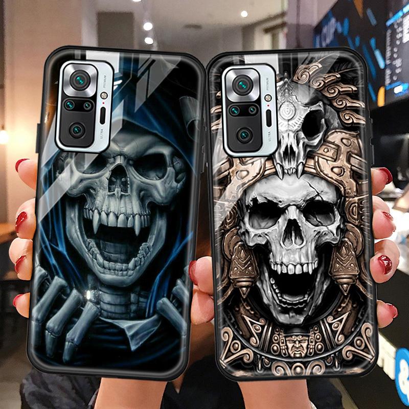 

Чехол из закаленного стекла для Xiaomi Redmi Note 9 10 Pro 10S 9S, жесткий чехол для ПК Mi 10T Pro 11 Ultra, бампер для телефона с рисунком черепа