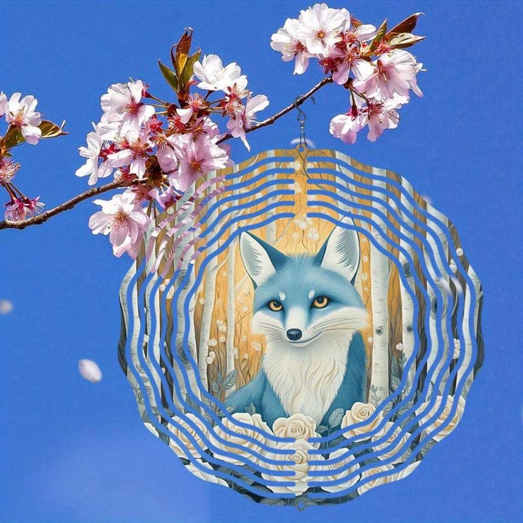2D Snow Forest Blue Fox Wind Chime Mandala Metal Hanging Ornament for Garden Patio Outdoor Decoration No Battery Needed