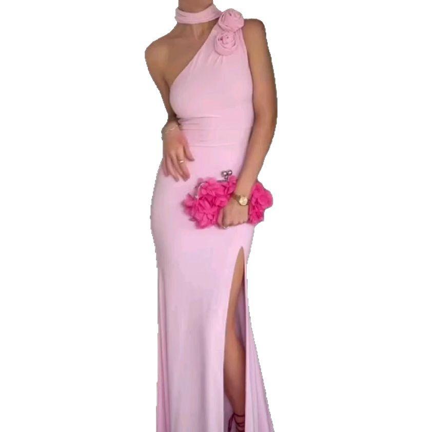 Women's new sexy slanted shoulder split skirt fashionable three-dimensional flower slim European and American dress women's wholesale