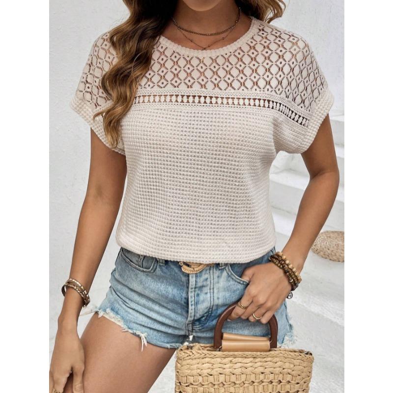 Fashion Round Neck Summer Lace Blouses New Short Sleeve Hollow Out Loose Shirts Women Elegant Breathable Vintage Women Casual Solid Ladies Tops 3493