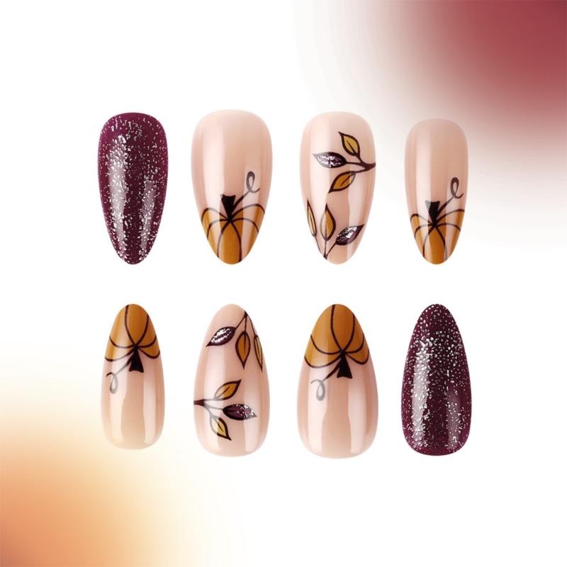 Maple Leaf Desings Halloween Stick On Nail Thanksgiving Gift Almond False Nails for a Festive Autumn Nail Makeover