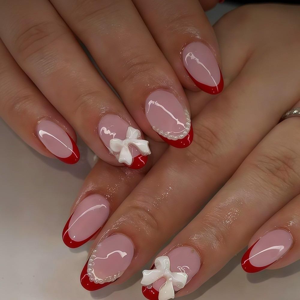 Full Cover Almond Nails Bow Charms Artificial Nails New False Nails Gift красный