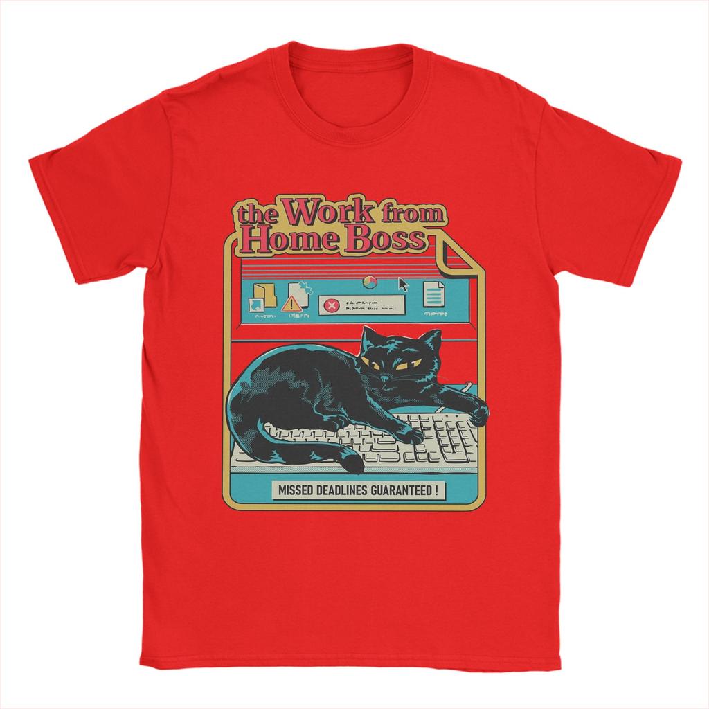 Vintage Work from Home Boss Cat Playing Computer Games T-Shirt Men Pure Cotton T Shirt Short Sleeve Tee Shirt Plus Size Clothing