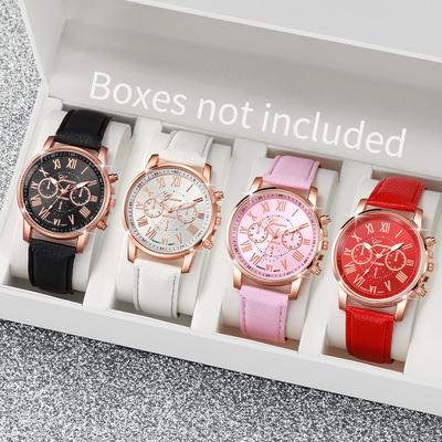 4PCS Women's Watches Fashion Leather Band Roma Dial Quartz Watch