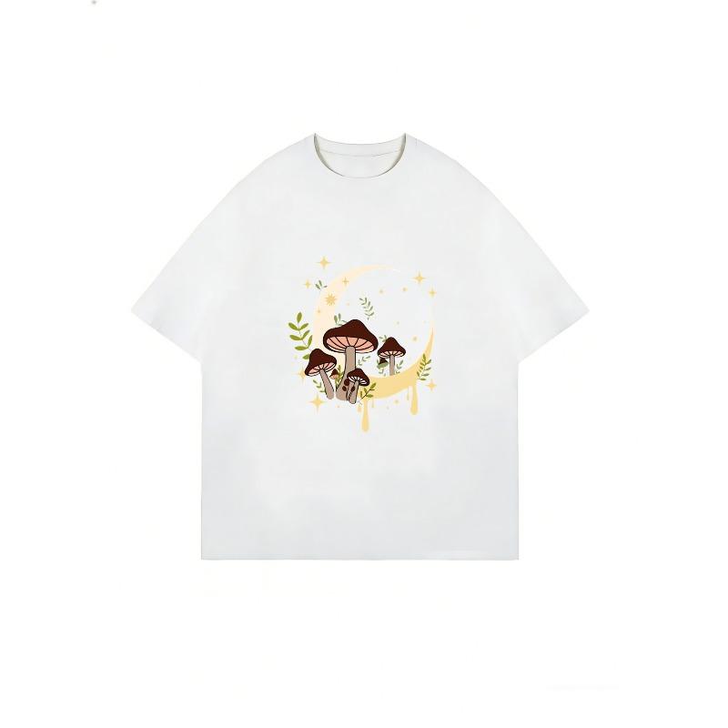 Oversized T Shirt Black Moon Mushroom And Stars Print For Casual Wear