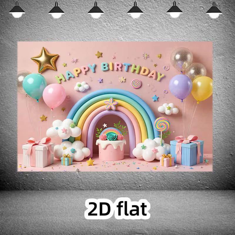 2D Pink Rainbow Birthday Backdrop Kids Party Photo Booth Background