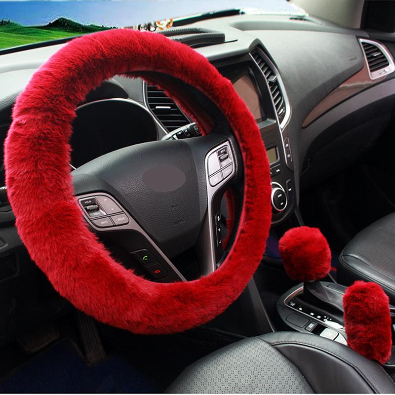 Car Steering Wheel Cover Gearshift Handbrake Cover Protector Decoration Warm Thick Plush Collar Soft Black Pink Women Man