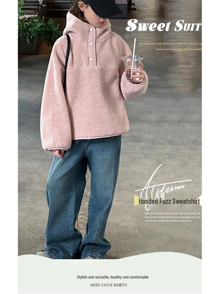 Girls' 2025 Korean Style Fuzzy Hooded Sweater - Autumn/Winter Warm, Loose Pullover
