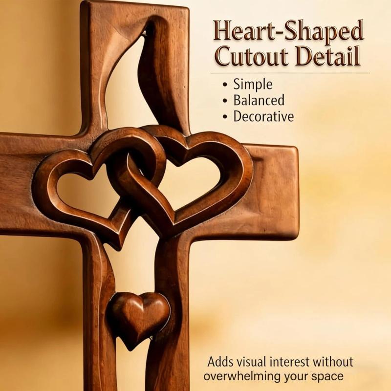 Hand-Carved Intertwined Hearts Wooden Cross, Hanging Hand Carved Marriage Cross