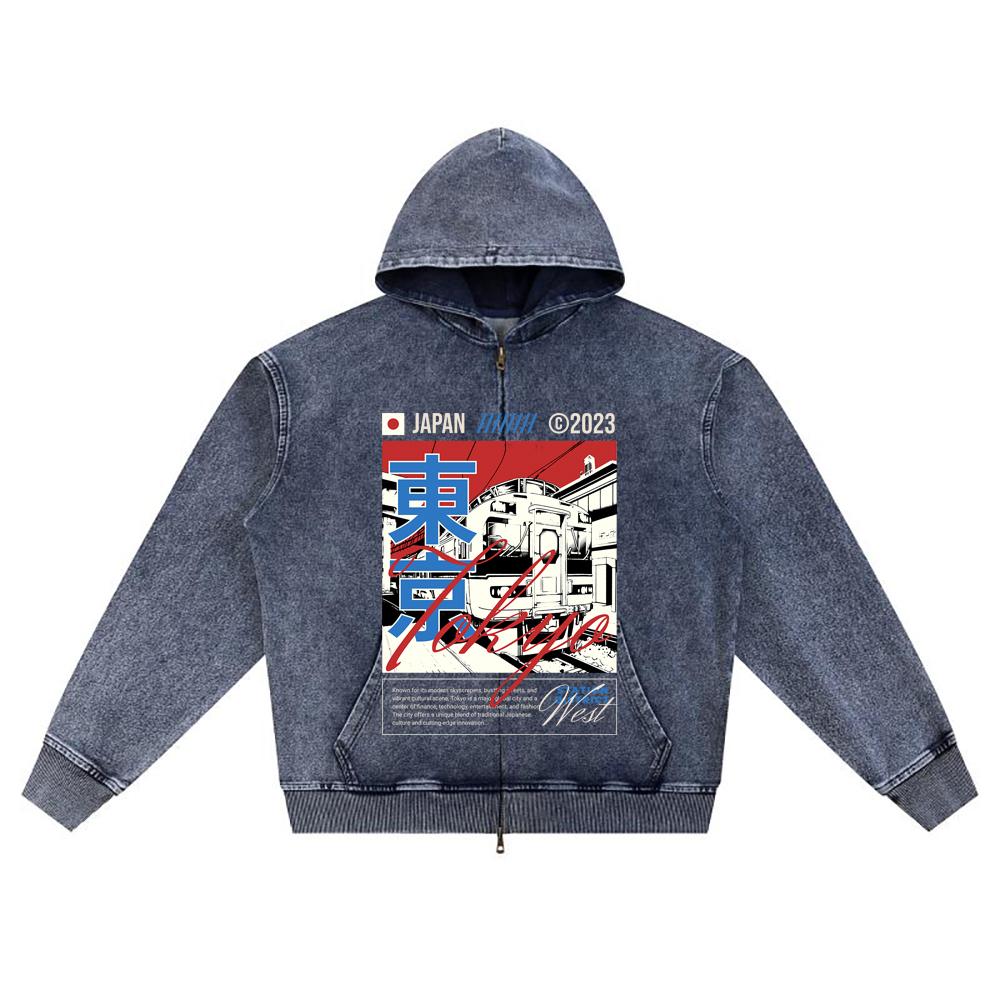 

DTG print Knitted Denim Zip-Up Hoodie Tokyo Brother Print Zipper Hoodies XL темно-синий