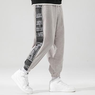 Men's Spring/Fall Chinese-Style Casual Patchwork Corduroy Sweatpants Youth Mid-Rise Drawstring Slim-Fit Pants