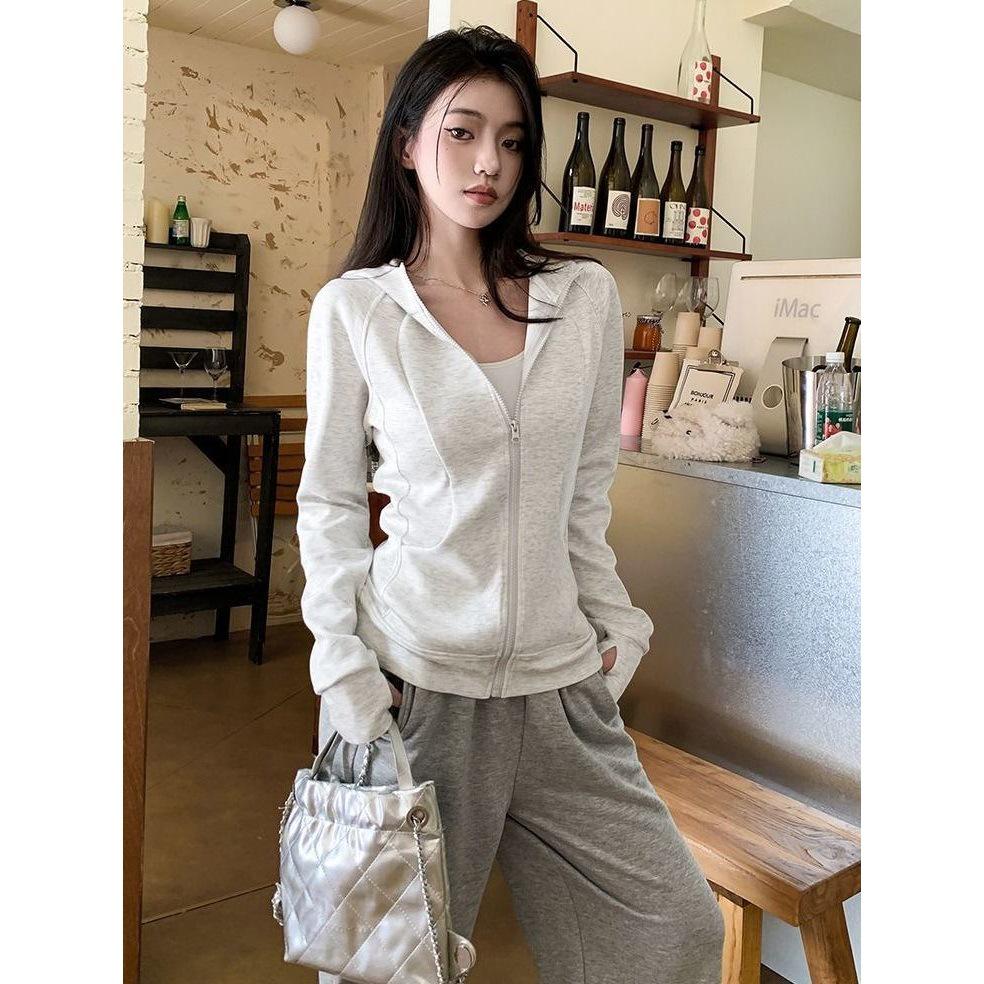 Grauer Kapuzen-Cardigan im koreanischen Stil für Damen, schmale Passform, lange Ärmel, tailliert, vielseitige Jacke