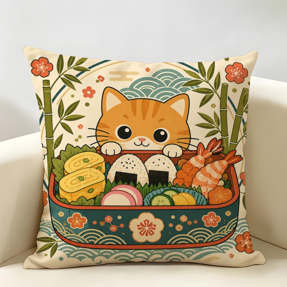 Kawaii Black Cat Ramen Noodle Cushion Cover Durable Hypoallergenic Organic Linen Short Pillow Cover Washable