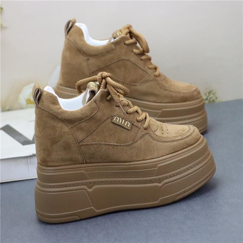 Fashion 12CM Platform Wedge Sneakers Microfiber Leather Comfy Breathable Skate Board Vulcanized Chunky Hidden Heel Block Shoes
