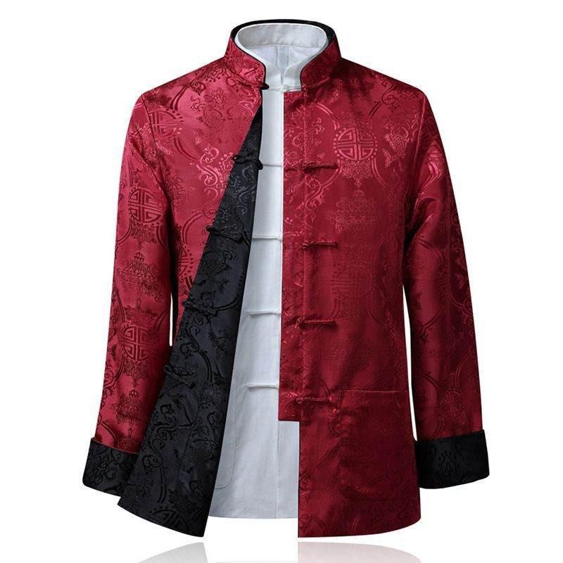 Traditional Chinese Tang Clothing Outer Jacket For Men With Doublesided Wear And Pocket Decor Perfect For Autumn