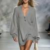 Women's V-Neck Color Knit Sweater Dress Long Sleeve for Casual Wear