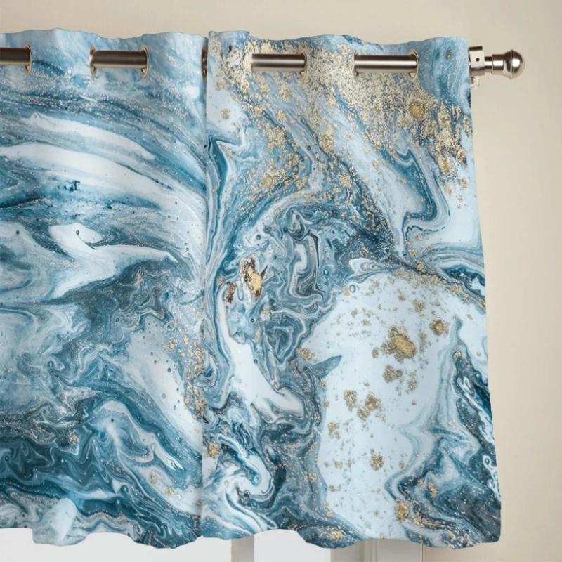2Panels Modern Abstract Blue Golden Marble Living Room Bedroom Curtain Decor 3D Digital Printing Living Room Curtain