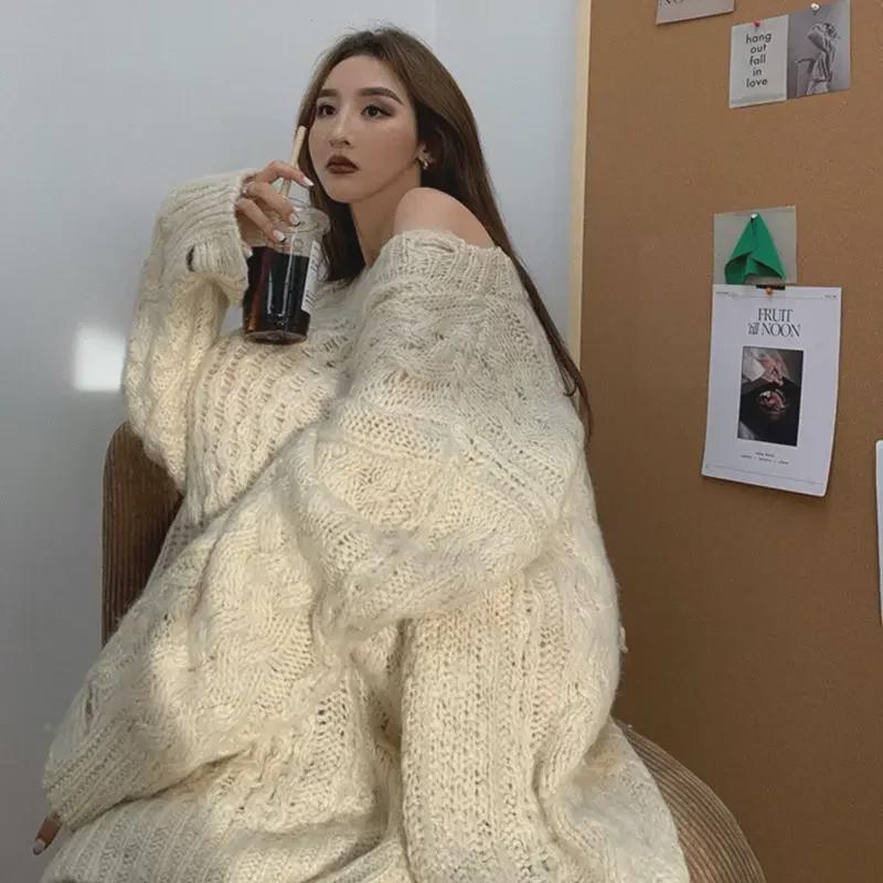 Women's Thick Loose Knit Sweater Coat - Mid-Length, Hollow Design for Autumn/Winter