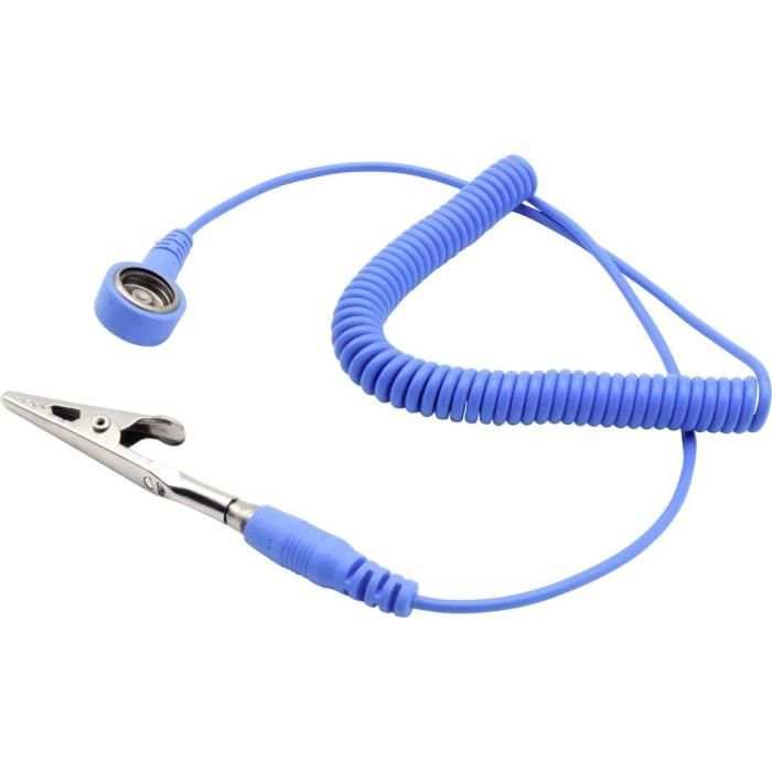 Câble de mise à la terre antistatique - QUADRIOS - 1.80 m - Connecteur mâle 10 mm - Pince crocodile - Bleu