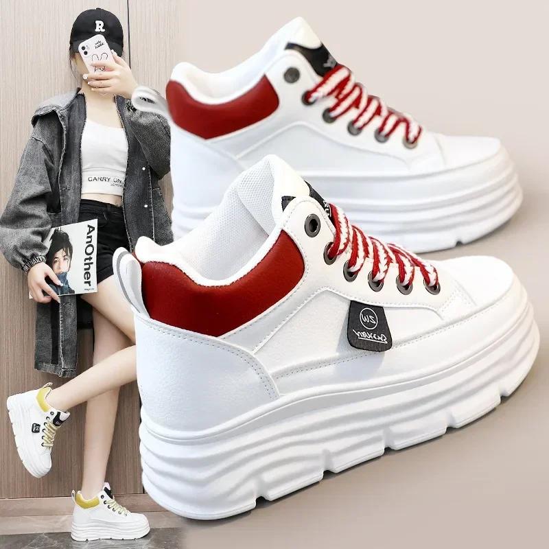 Women Sneakers Thick Sole Increase Walking Shoes for Women Leather High Top Boots White Vulcanized Shoes