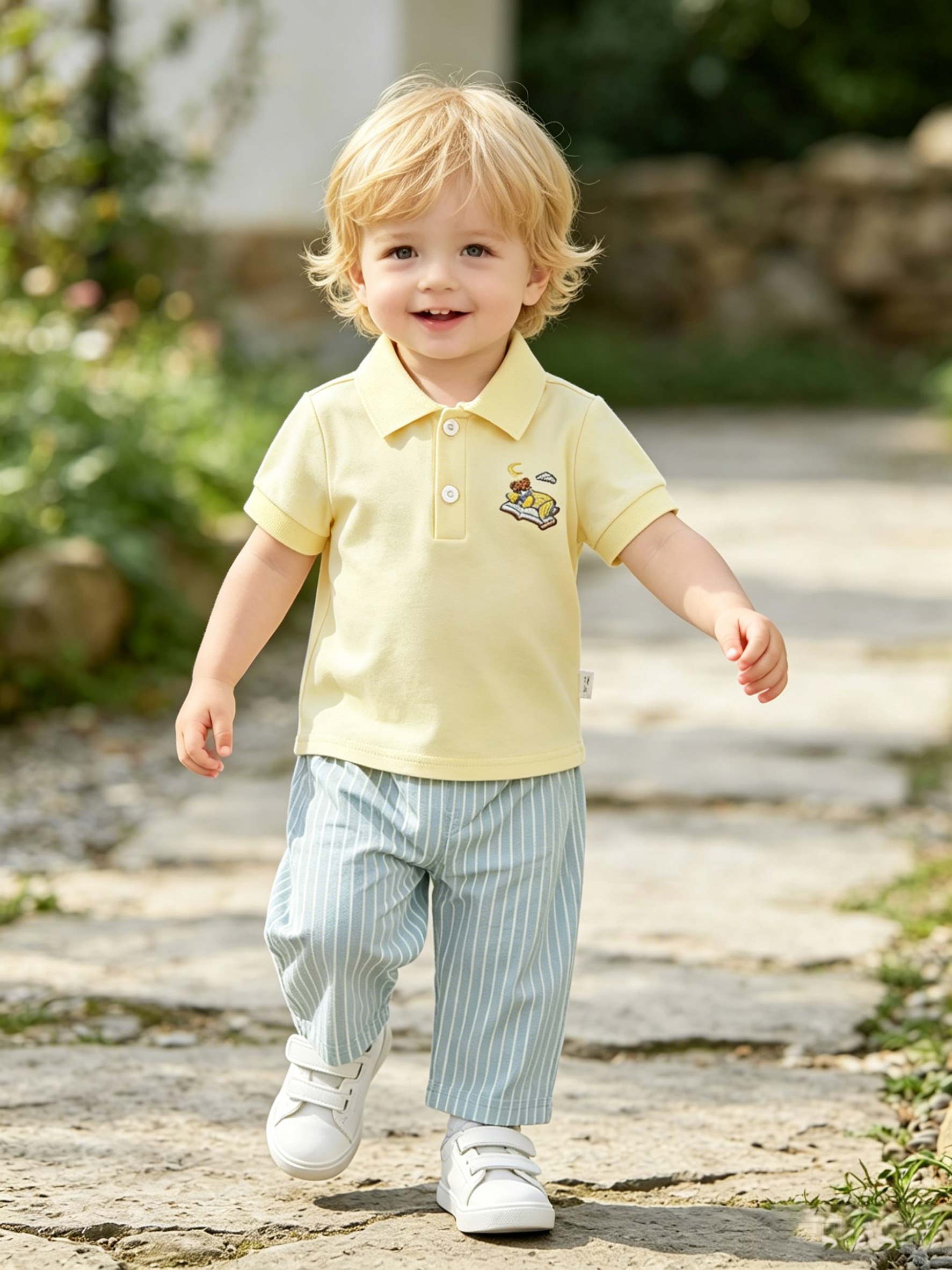 

2 Pieces Baby Boys Summer Set, Cute Bear Embroidery Polo Shirt and Striped Long Pants, Casual Toddler Outfits 6M-3 Years 2-3Y жовтий