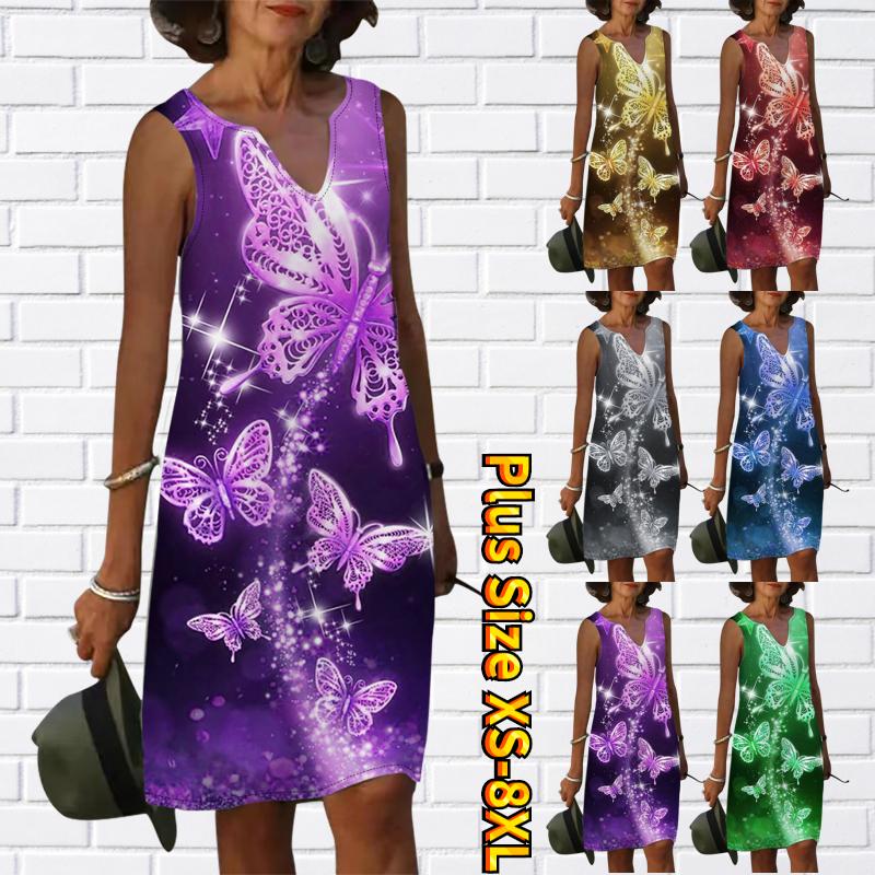 

Женское V-образное летнее фиолетовое сверкающее платье-бабочка с фиолетовым принтом Повседневное модное платье без рукавов повседневное свободное сексуальное платье больших размеров XS-8XL