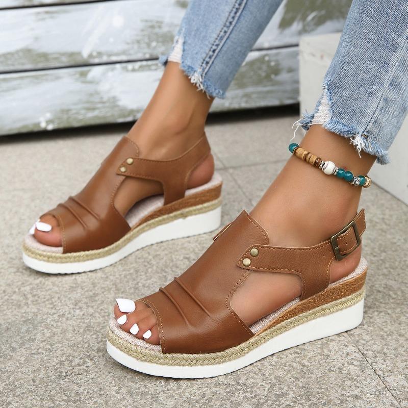Summer new fish mouth wedge heel sandals large size pleated belt buckle thick sole hemp rope sole women's sandals