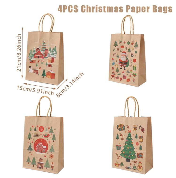4PCS Christmas Gift Bag Kraft Paper Bags Merry Christmas Decoration 2024 For Home Cristmas Navidad New Year Gifts Packing Bags
