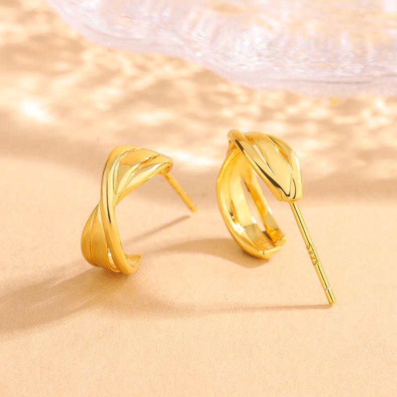 925 Sterling Silver Minimalist Cross Knot C-Shaped Earrings - European & American Style, Light Luxury and Versatile Design