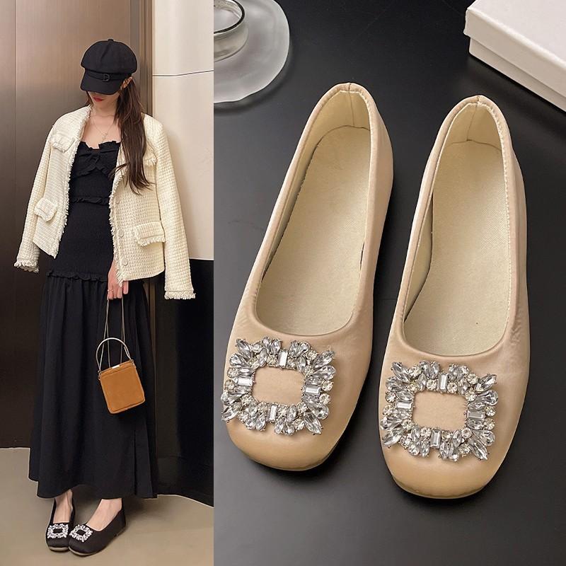 French Rhinestone Satin Square Head Single Shoes Women's 2025 New Spring Flat Temperament with Skirt Mary Jane Shoes Ladyshoes