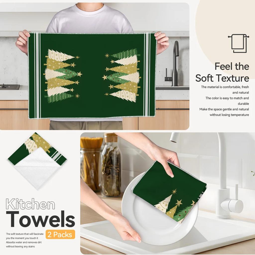 2pcs/set Kitchen Towels Modern Christmas Green Christmas treeHand Towels Christmas Decorations for Home Noel Dish Towels Gifts