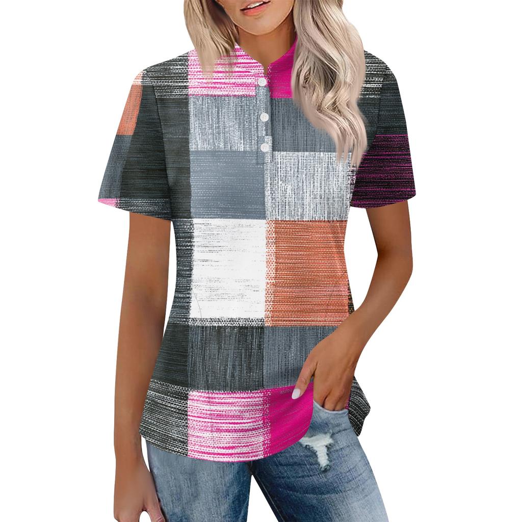 Women Casual Polo Shirt Short Sleeve Loose Fit Button Down Plaid Pattern Lightweight Top for Everyday Wear