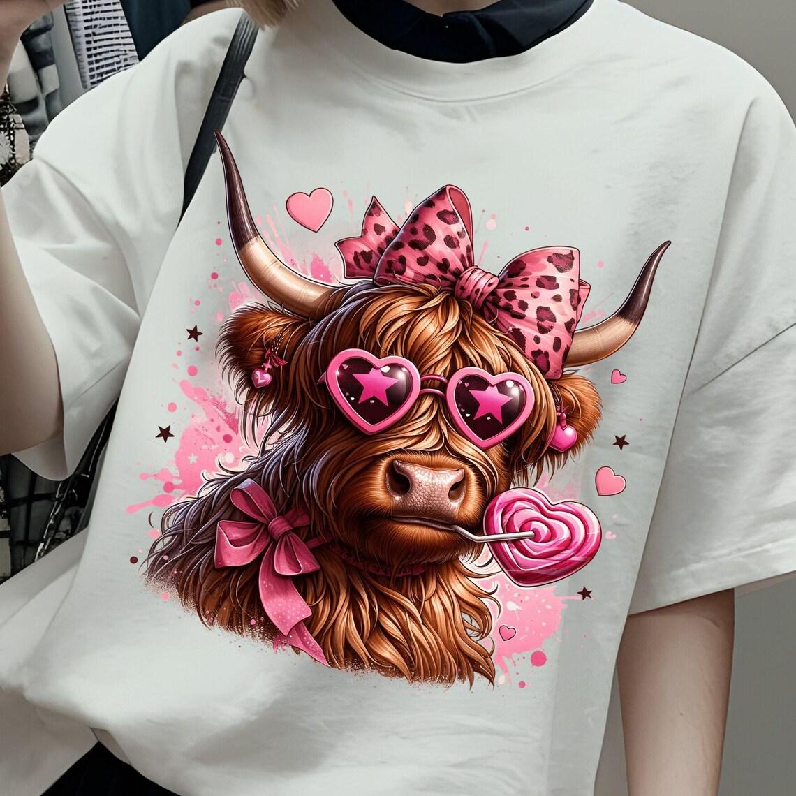 

Funny Valentine Highland Cow Womens Short Sleeve T Shirt Retro Pink Bow Heart Sunglasses Cow Tshirt Fashion Gothic Tshirt 4XL
