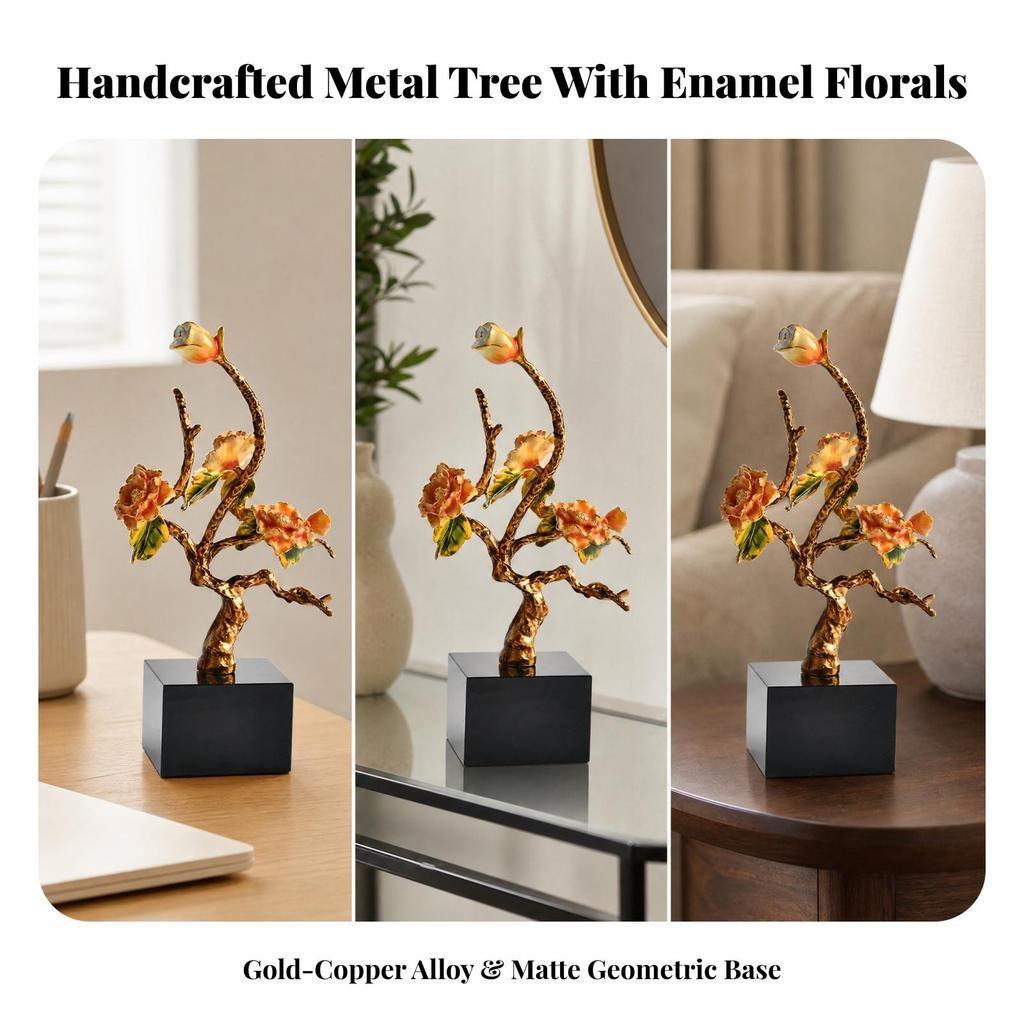 Metal Tree Ornament with Crystal Base Elegant Floral Branch Tabletop Figurine