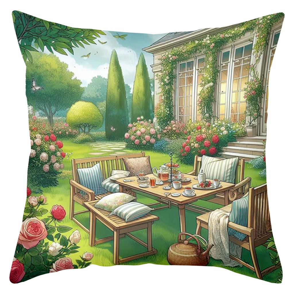 Enchanting Garden Scene Printed Cushion Covers Decor Accents Polyester Pillowcase, Sofa Decorative Cushion Cov Headboard Pillow