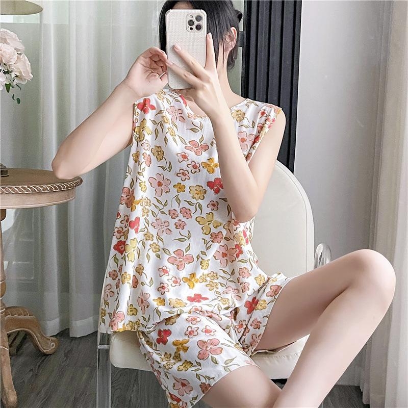 Cotton and silk pajamas women's summer thin loose sleeveless artificial cotton loungewear can be worn outside student cotton silk suit plus size