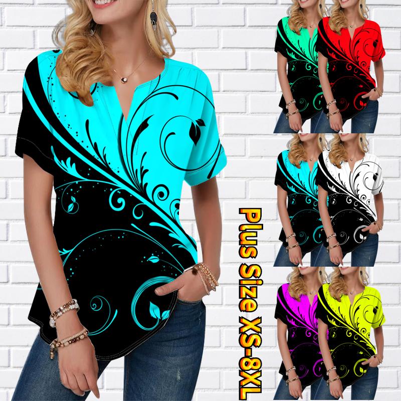 

Женская летняя футболка с рисунком листьев, футболки с короткими рукавами, повседневные топы, маленький v-образный вырез с короткими рукавами