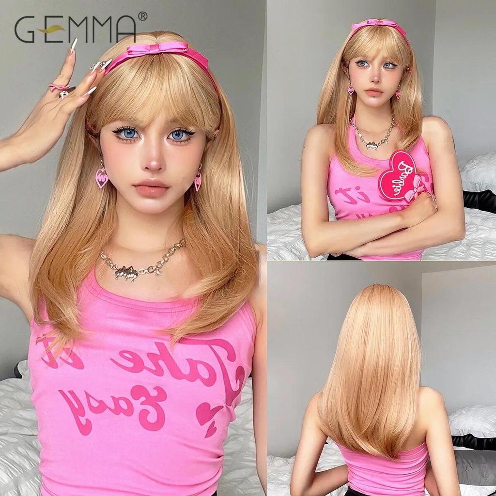 Green Synthetic Cosplay Wig with Bangs Medium Length Straight Wigs for Women Halloween Party Natural Hair Wig Heat Resistant