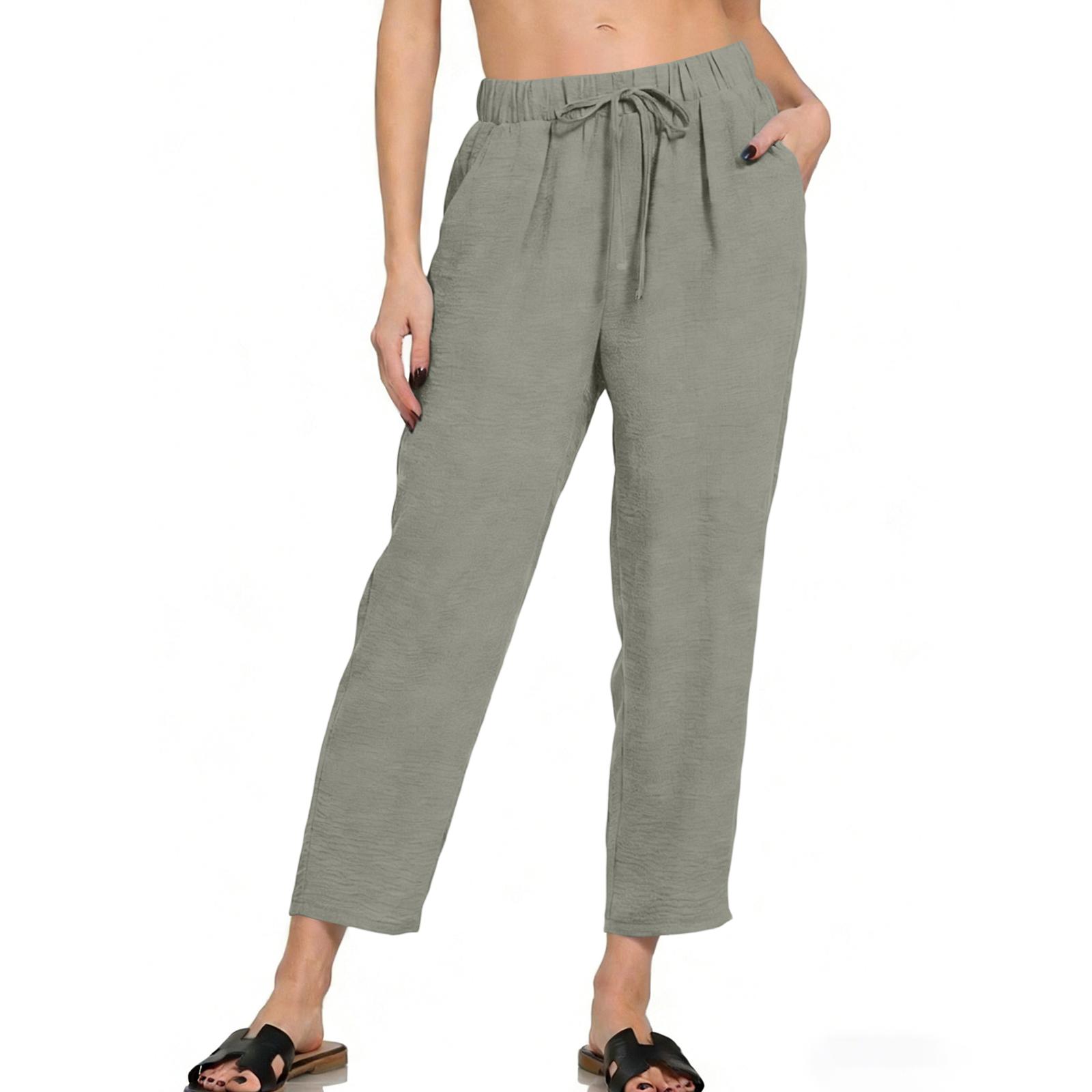 

Women s Slanted Pocket Elastic Waist Cropped Pants Casual Cotton And Linen Pants XXL