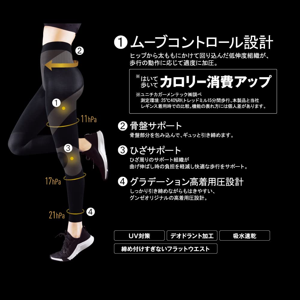 Gunze Premium Compression Size to Japanese size Burns Calories While Walking Women's Leggings, 10-Length Leggings, Black, L-LL (equivalent L),