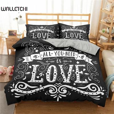 Housse de couette Love Words Ensemble de literie romantique pour couple Microfibre 3D Cœur d'amour Housse de couette Simple Double Complet Queen Size