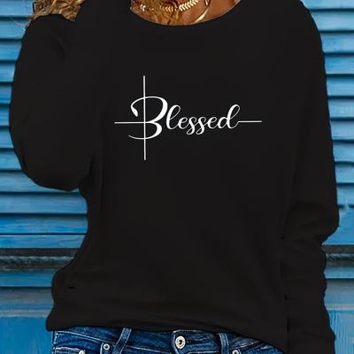 Large Size Blessing Printed T-shirt, Spring and Autumn Casual Round Neck Long-sleeved Tops, Women's Plus Size Clothing
