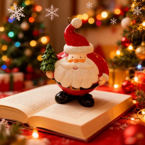Plump Santa Claus Figurine Resin Santa Holding Christmas Tree Ornament Cute Santa Statue with Metal Hanging Ring for Tree or Desktop Holiday Decor