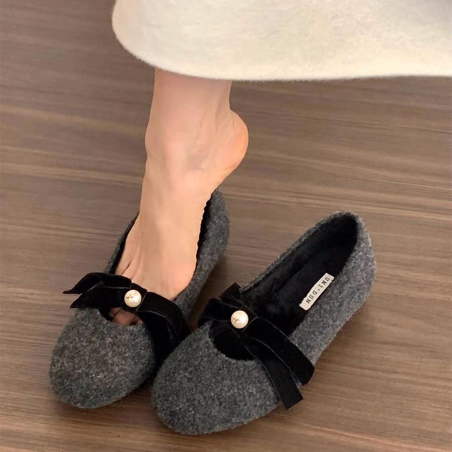 Gray single shoes femininity inner height increase small fragrance gentle pearl Mary Jane shoes bow retro